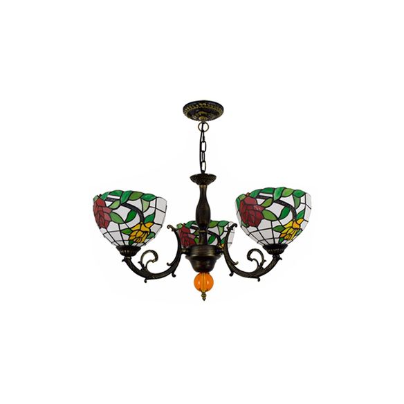 Colorful Bowl Chandelier Light with Flower/Rose/Sunflower/Yellow Flower Pattern Retro Style Stained Glass 3 Bulbs Inverted Chandelier in Brass