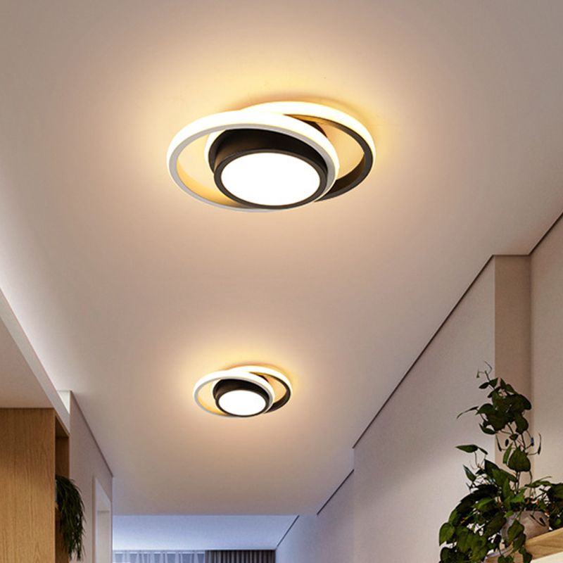 Rounded Apartment Ceiling Lighting Iron Minimalist LED Flush Mount in Black-White with Dual Circle Guard, Warm/White Light