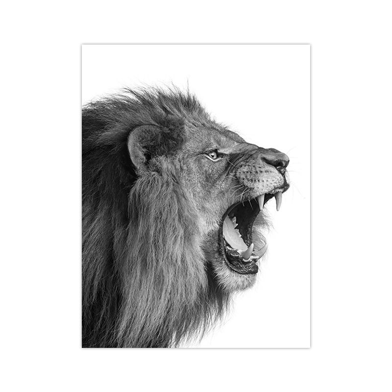 Photography Lion Roaring Canvas Wall Art for House Interior, Grey and White, Textured
