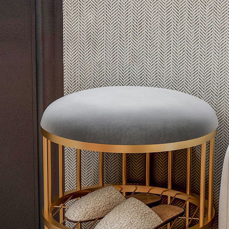 Industrial Cylinder Shape Ottoman Plain Velvet Metal Frame Shelved Storage Pouf