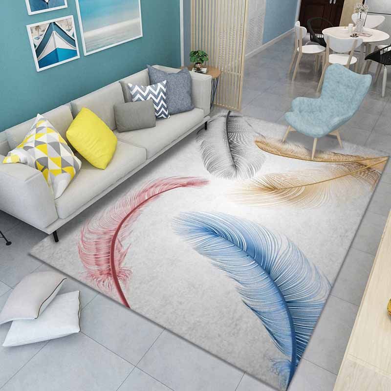 Grey Modern Carpet Feather Print Polyester Area Rug Anti-Slip Washable Rug for Living Room