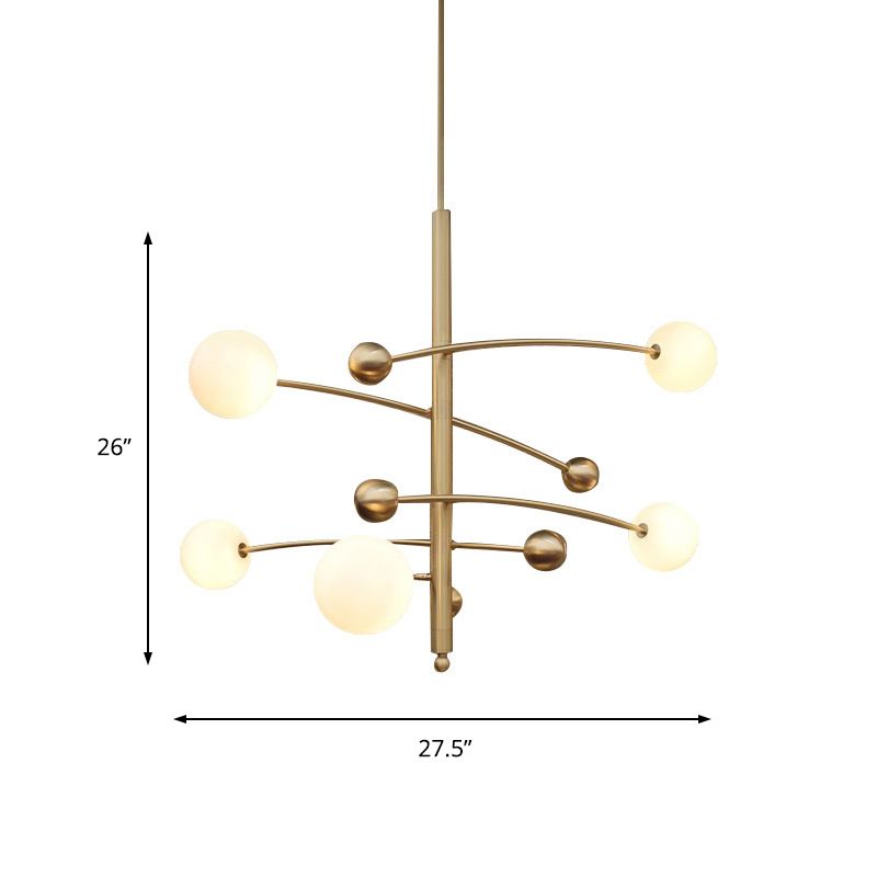 5 Bulbs Bedroom Chandelier Light Modern Gold Suspended Lighting Fixture with Ball Milk Glass Shade