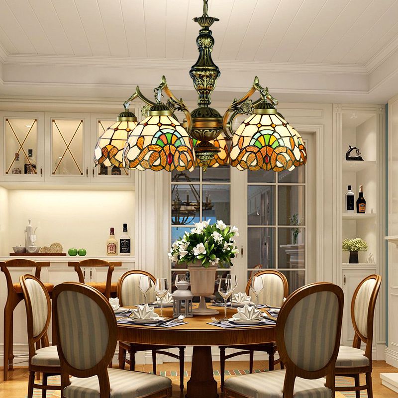Victorian Dome Chandelier Lighting Stained Glass 5 Lights Indoor Lighting for Dining Table