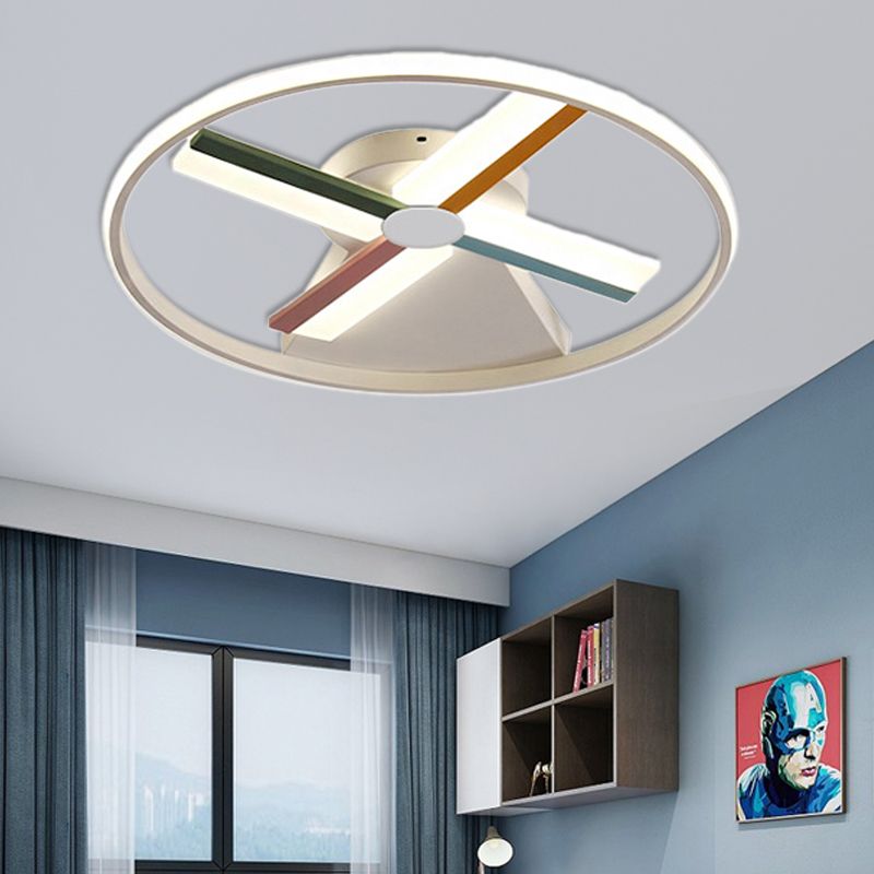 Windmill Ceiling Lighting Kids Acrylic 16.5"/20.5" W LED White Finish Flush Mount Light with Metal Ring, Warm/White Light