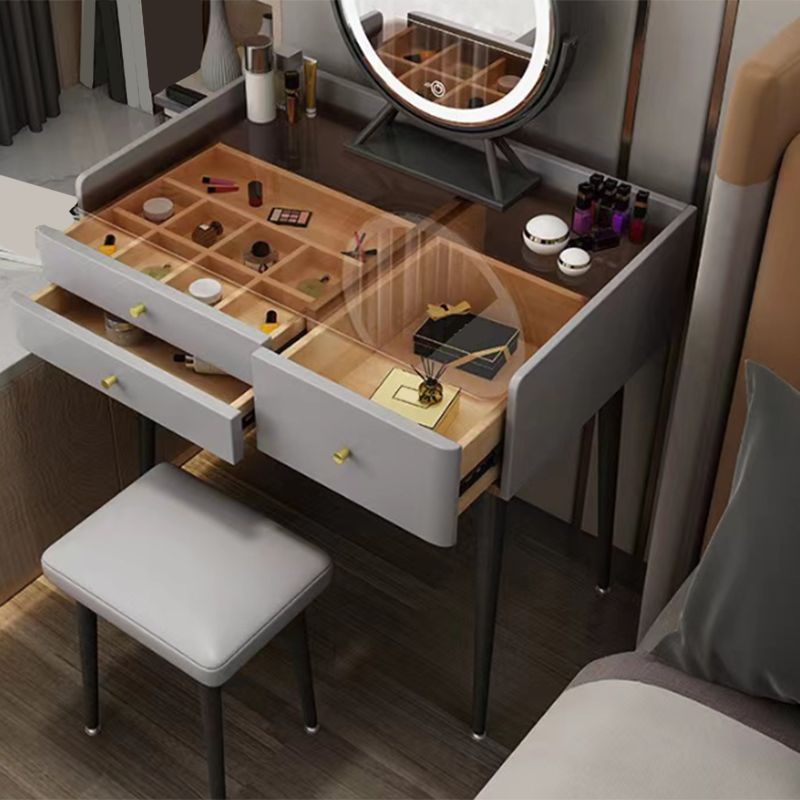 Modern Glass Top Makeup Vanity Table in Gray with Storage Drawers
