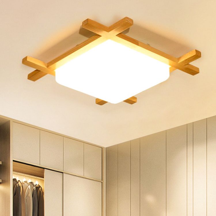 Minimalist LED Flush Ceiling Light Fixture Wood Square Flush Mount Light with Wood Shade