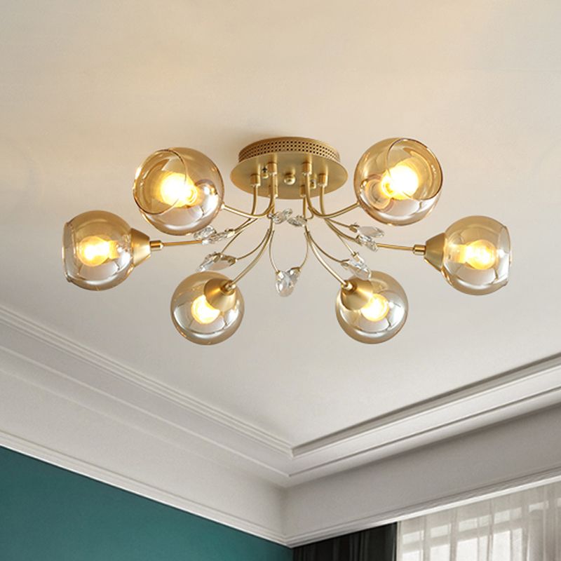 Amber Glass Ball Semi plafondspoeling Licht traditioneel 6/9-licht woonkamer spoeling licht armatuur met kristal accent