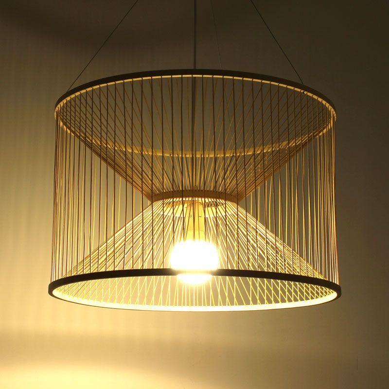 Rustic Hourglass Hanging Light Bamboo 1 Bulb Ceiling Pendant Lamp in Wood for Living Room