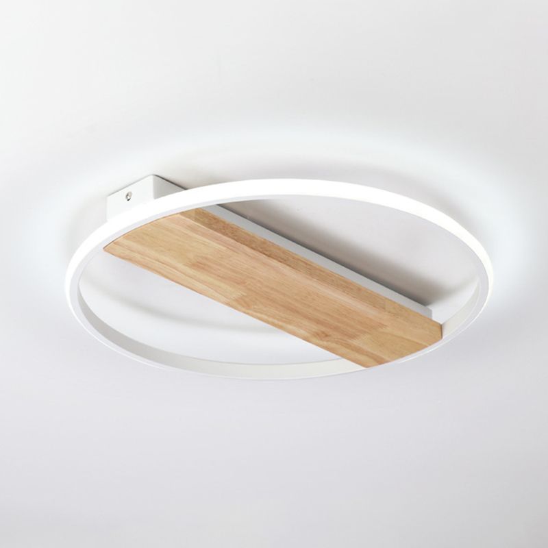 Modern LED Ceiling Light Fixture White Circular Ceiling Mounted Light with Wooden Shade