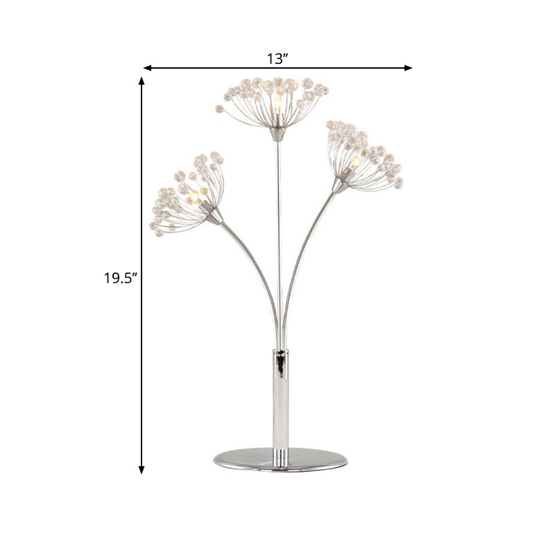 LED Night Stand Lamp Contemporary Dandelion-Shape Crystal Bead Table Light in Chrome