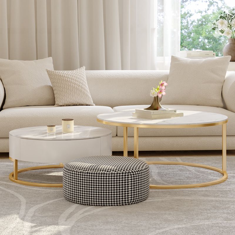 Glass Top Frame Coffee Table Round Nesting Coffee Table Set with Drawer