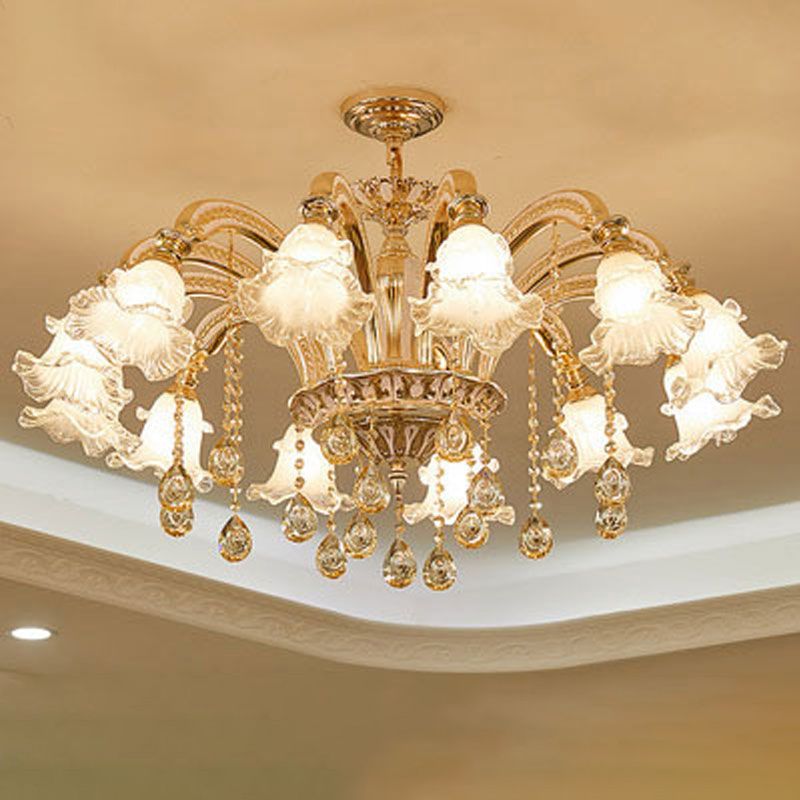 Ribbed Glass Ruffled Flower Suspension Light Retro Living Room Chandelier Light with Crystal Draping in Gold