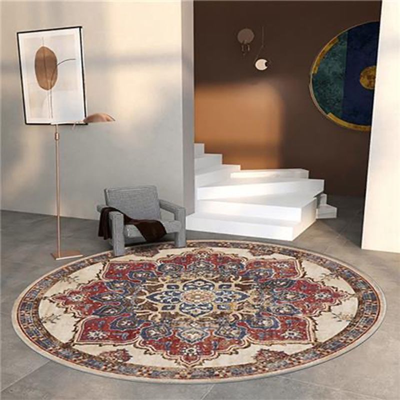 Round Medallion Print Rug Retro Polyester Carpet Stain Resistant Area Rug for Living Room