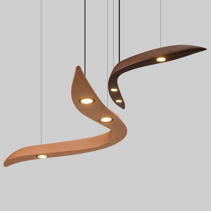 Minimalist Novelty 3-Light Pendant Curved Pendant Light with Wooden Shade for Bar