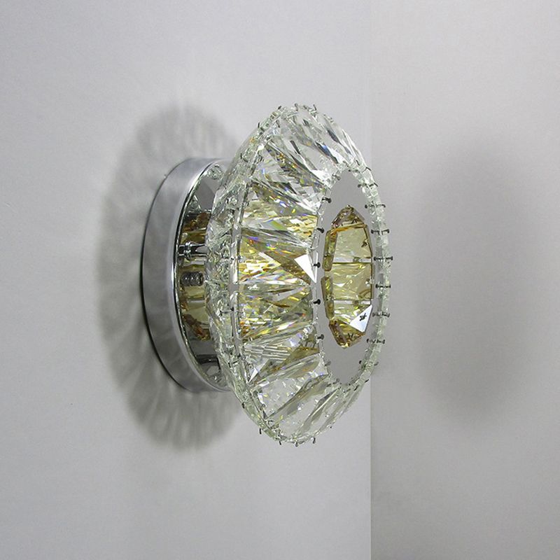Faceted Crystal Round Wall Mounted Lamp Contemporary LED Chrome Sconce in 3 Color Light