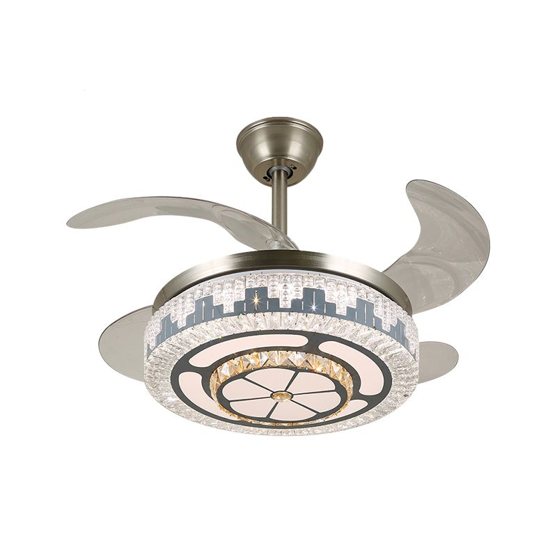 LED Circulaire semi-vlakke moderne roestvrijstalen heldere kristalblokken 4 messen hanger ventilator licht, 19 "breed