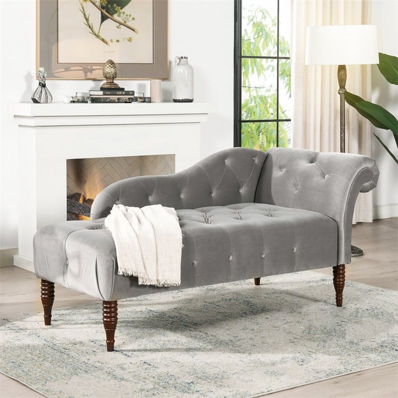 Living Room Rolled Arms Chaise Modern Style Velvet Upholstered Chaise