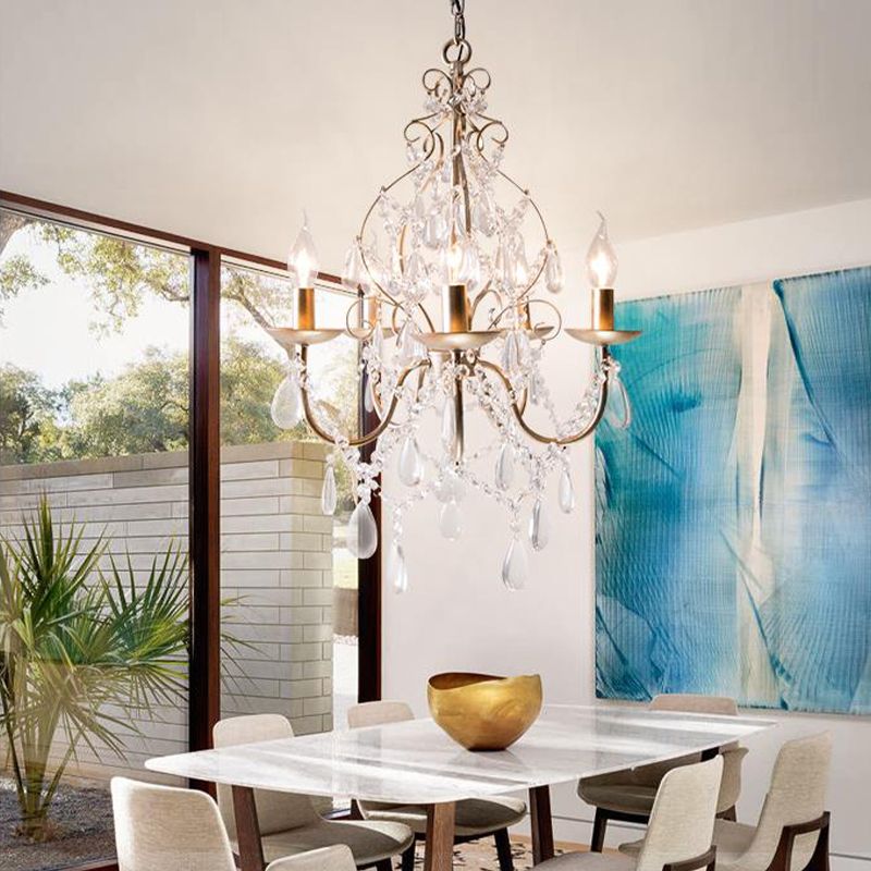 Metal Candle Ceiling Chandelier Tradition 5 Bulbs Hanging Light Kit in Antique Brass with Crystal Teardrop