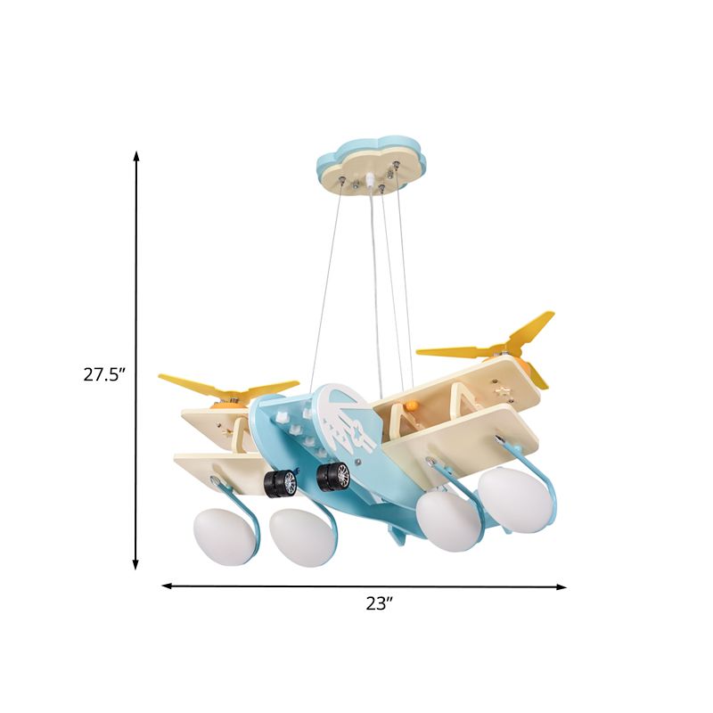 Enfants Bomber Plane Wood Drop lampe 4 têtes Pendre du lustre Lumière en bleu clair avec une teinte en verre blanc bombe