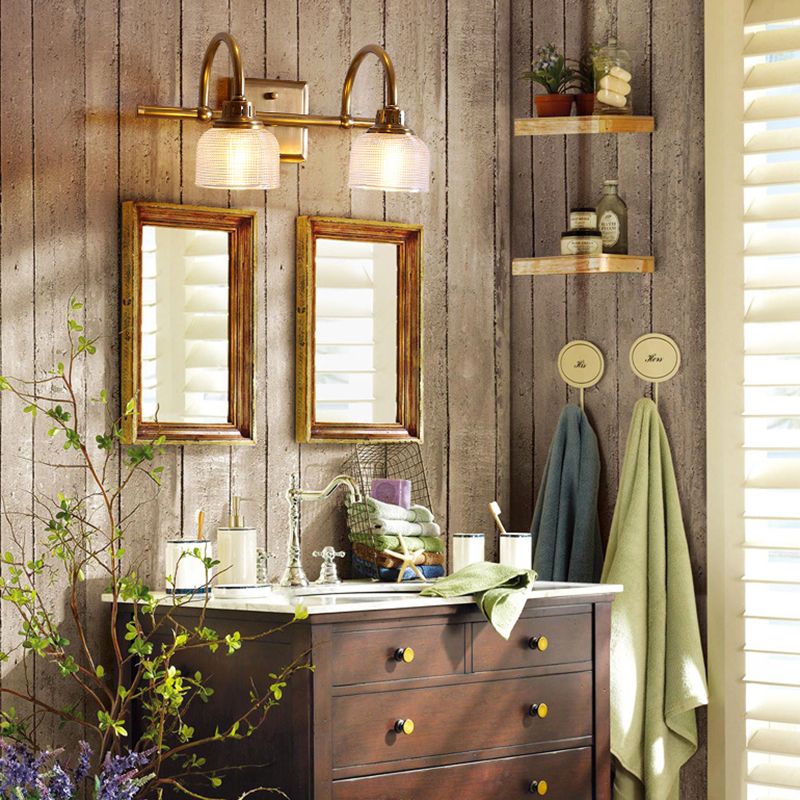 Brass Armed Vanity Light Fixture American Style Vanity Mirror Lights in Prismatic Glass Shade