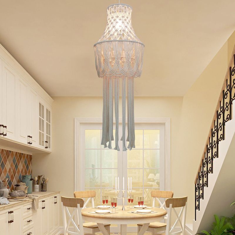 1 Light Pendant Light Fixture Traditional Basket Shaped Hemp Rope Tassel Fringe Hanging Lamp Kit in Beige