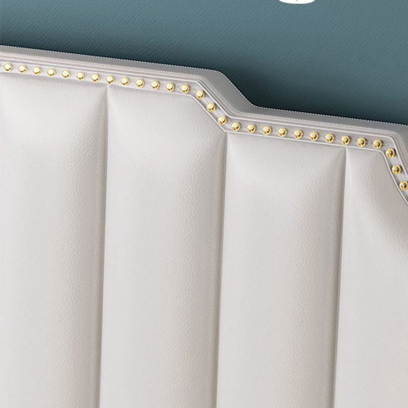 Luxurious Leather Bed Beige Upholstered Bed Frame with Nailhead Trim