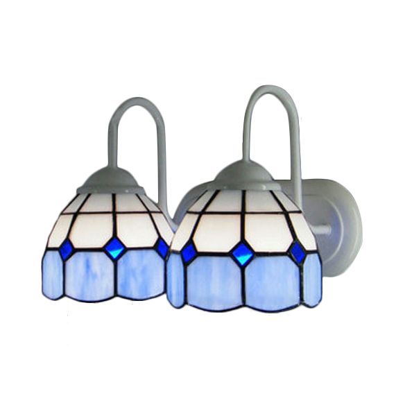 Grid Patterned Wall Light Fixture Baroque Blue/Orange Glass 2 Heads White Sconce Lighting