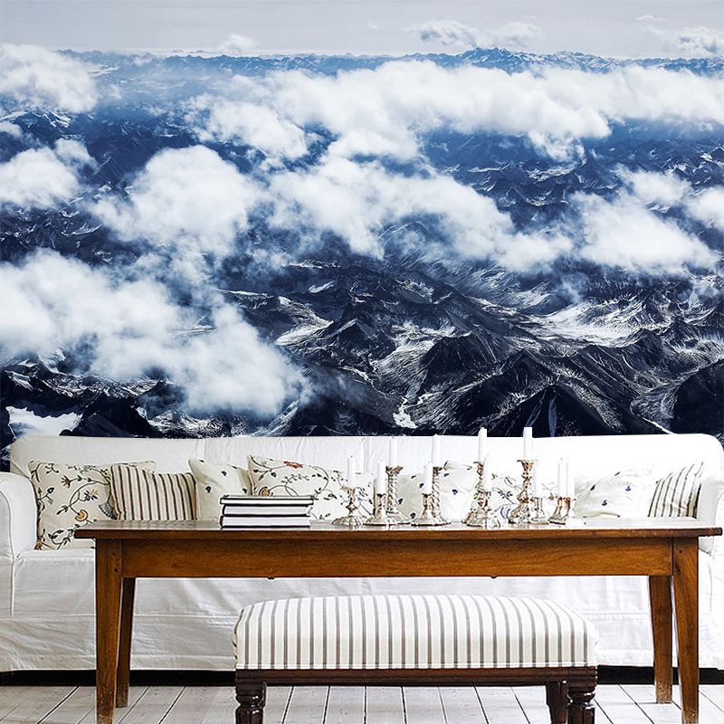 Smooth Large White Mural Modern Cloudy Mountain View from Sky Wall Covering, Custom-Made