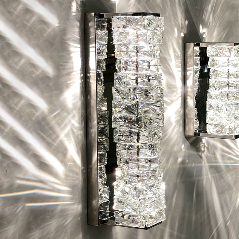 Silver Rectangular LED Wall Sconce in Modern Artistic Style Metal Wall Lamp with Crystal Shade