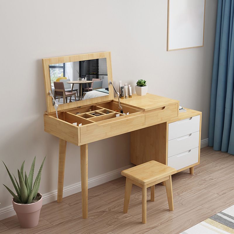 Solid Wood Vanity Makeup Table with Mirror and 4-Drawer  - 17.72" D