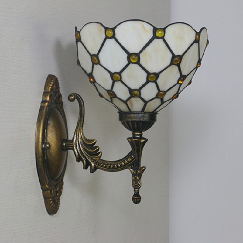 1 Head Corridor Wall Sconce Light Mediterranean Brass Wall Lighting with Geometry Cut Glass Shade
