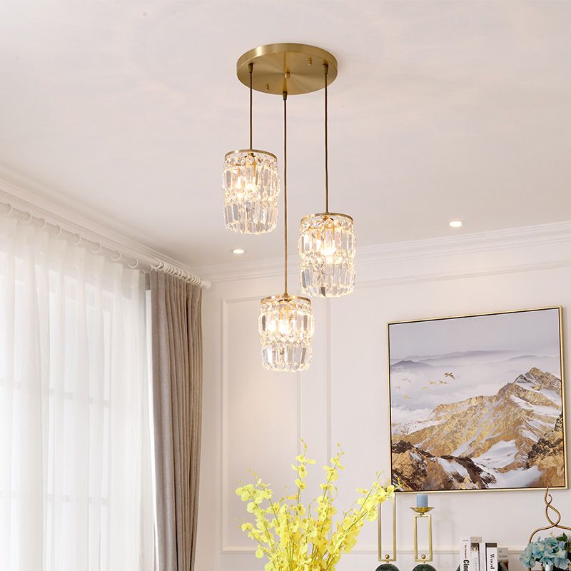 2 Layers Prismatic Crystal Hanging Light Modernism 3 Lights Gold Pendant Light with Linear/Round Canopy