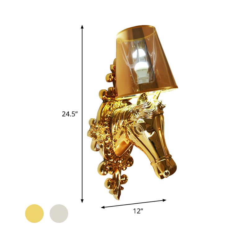 One Bulb Fabric Wall Lighting Traditional Gold/Silver Cone Corridor Sconce Light Fixture with Horse Head Backplate
