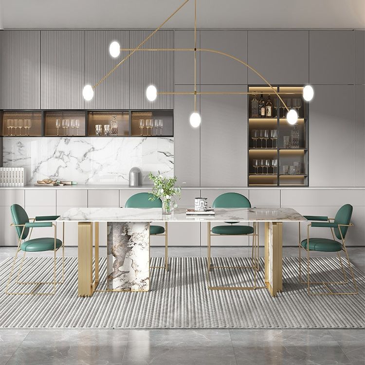 Mesa de comedor de piedra sinterizada de estilo contemporáneo con mesa fija blanca y base de doble pedestal