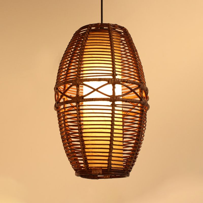 Brown Lantern Pendant Lamp Asia 1 Bulb Bamboo Hanging Light Fixture with Inner Tube Parchment shade