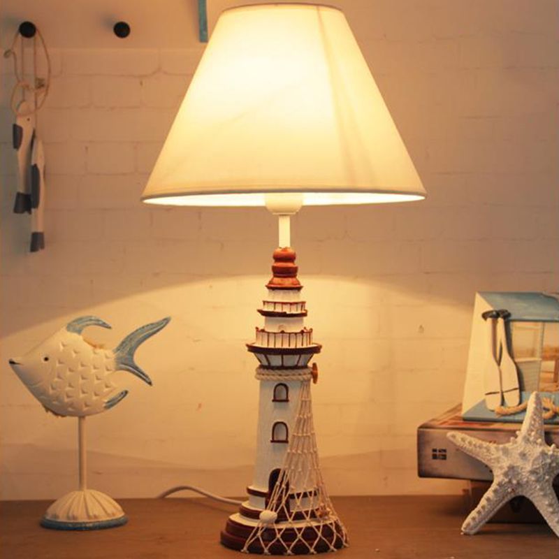 Red/Dark Blue Lighthouse Night Lamp Kids 1 Bulb Resin Table Light with Cone Fabric Shade and Remote Control/Dimmer Switch/Power Switch