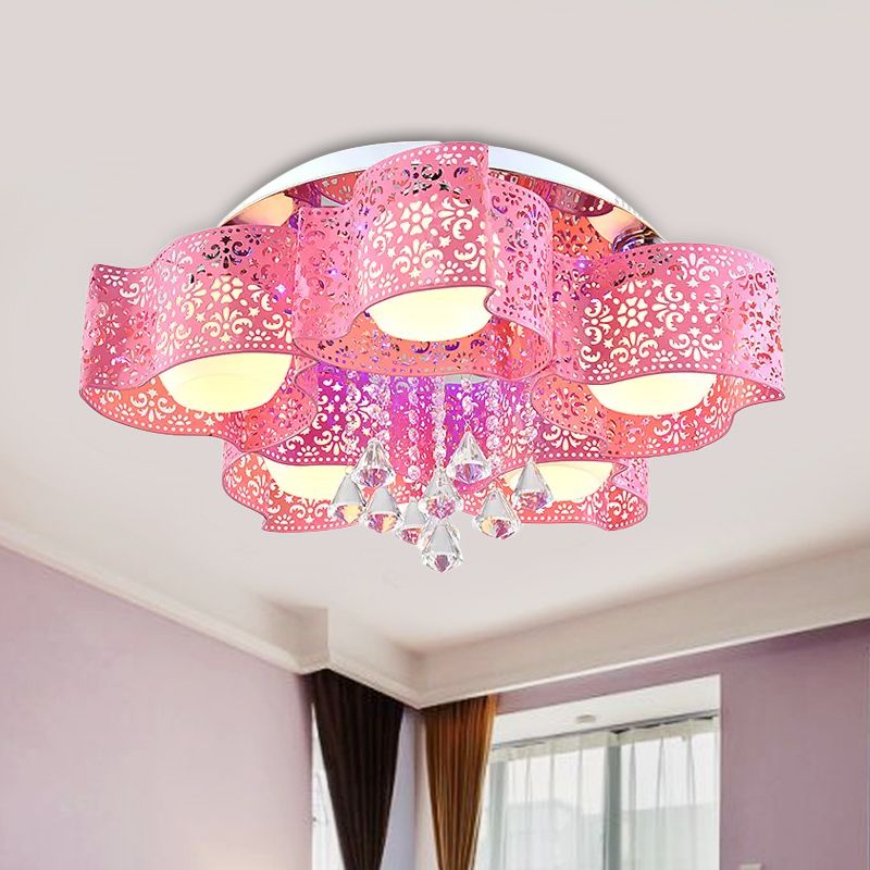 Modernist Etched Flower Massimale Lampada Crystal 3/5 Luci Soffitto Lampada con Opal Glass Ball Shade in Pink / White