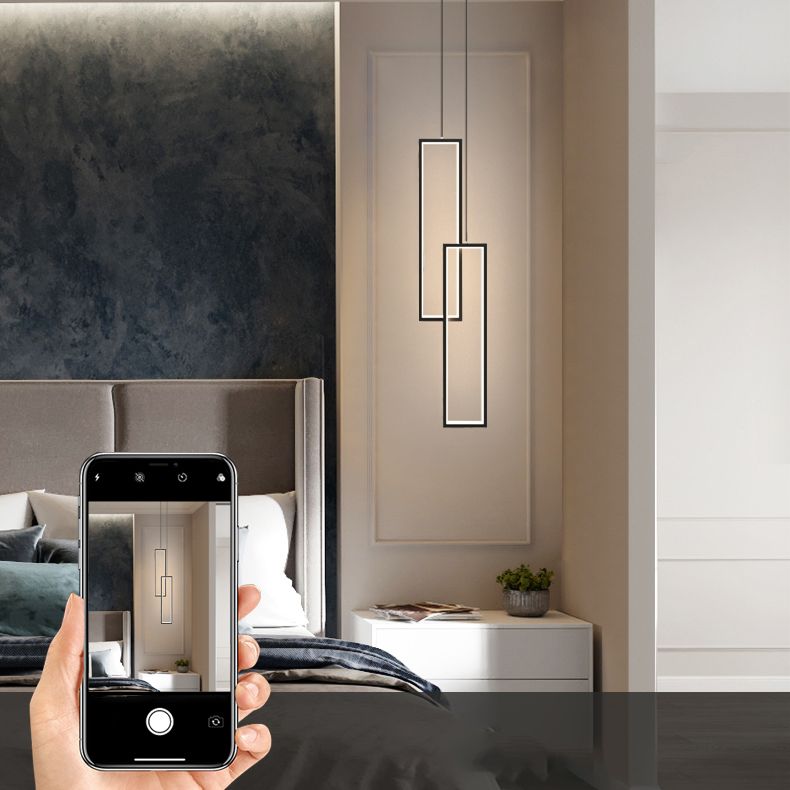 Rectangular LED Pendant Light Minimalist Metal 2-Light Bedside Hanging Light in Black