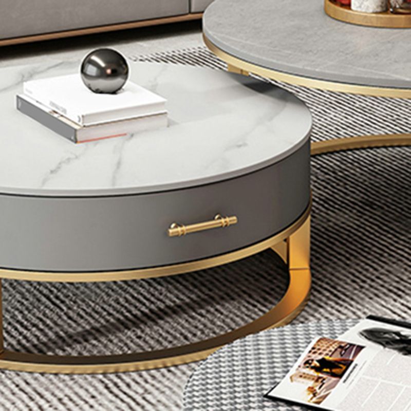 Slate Top Coffee Table Set Round Frame Cocktail Table with Storage Drawers