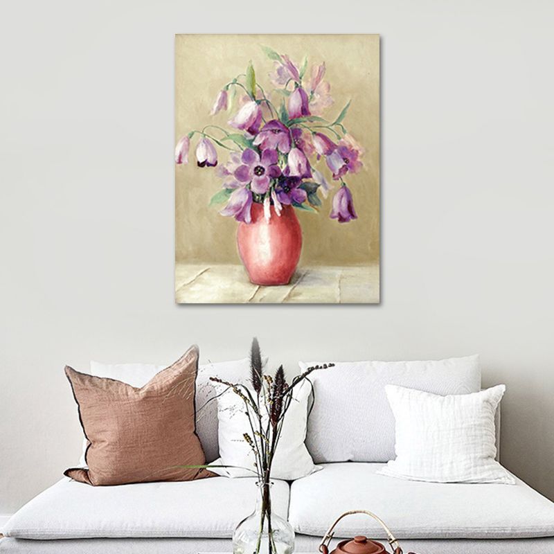 Flower and Vase Painting Canvas Modernism Textured Wall Art in Light Color
