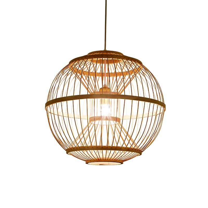 Sphere Shaded Suspension Lighting Minimalist Bamboo 1 Head Wood Pendant Ceiling Light