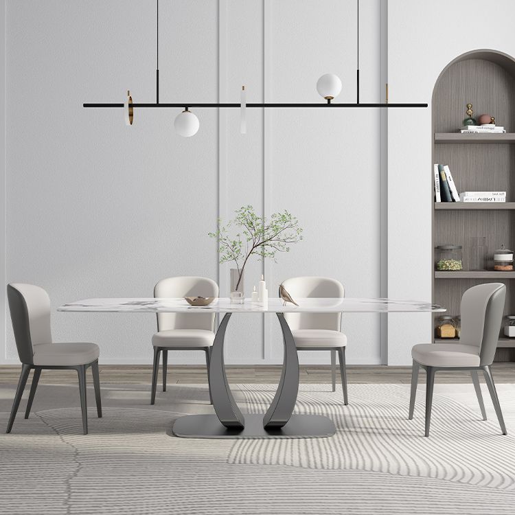 Rectangular Stone Top Dining Table Double Pedestal Metal Base for Living Room