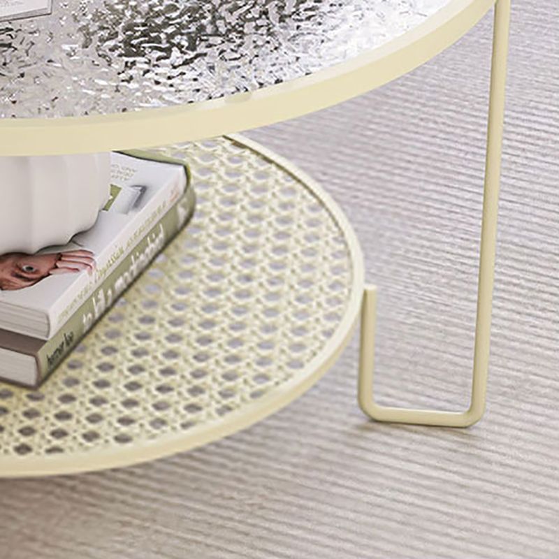 Modern Round Glass Top Coffee Table with 3 Iron Legs and Shelf
