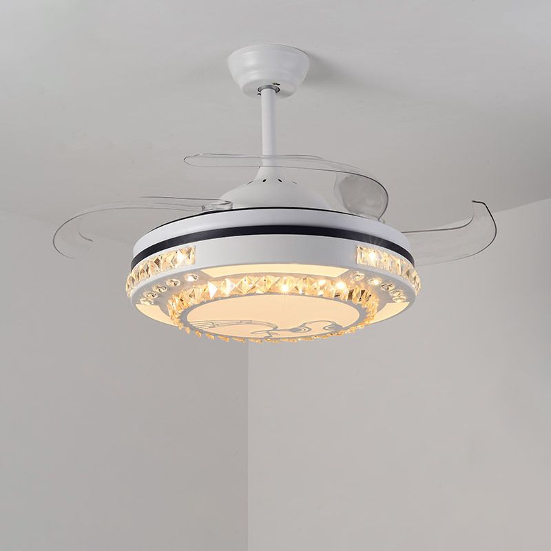 LED -ronde hanger ventilatorlamp Modern Witte Clear Crystal Blocks Semi Flush met 4 Blades, 21,5 "breed