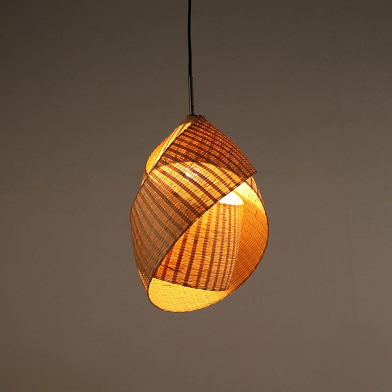 Bamboo Twist Pendant Lamp Chinese 1 Bulb Flaxen Ceiling Hanging Light for Bedroom