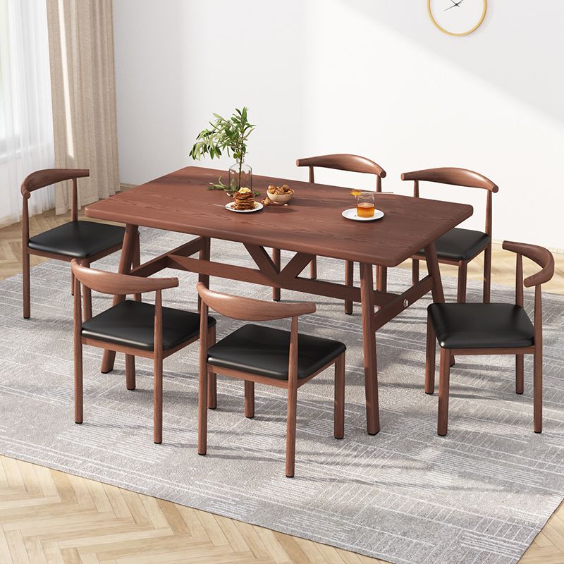 Modern Rectangle Dining Table Wood Tabletop with Iron Trestle Base