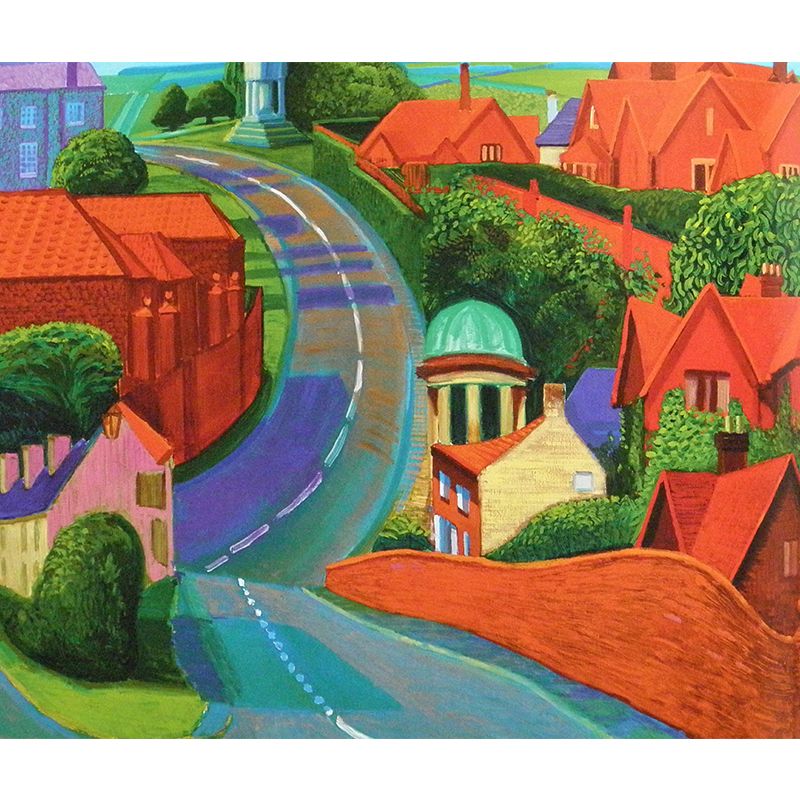 Road Through Small Town Mural Orange-Green Modern Art Wall Covering for Living Room