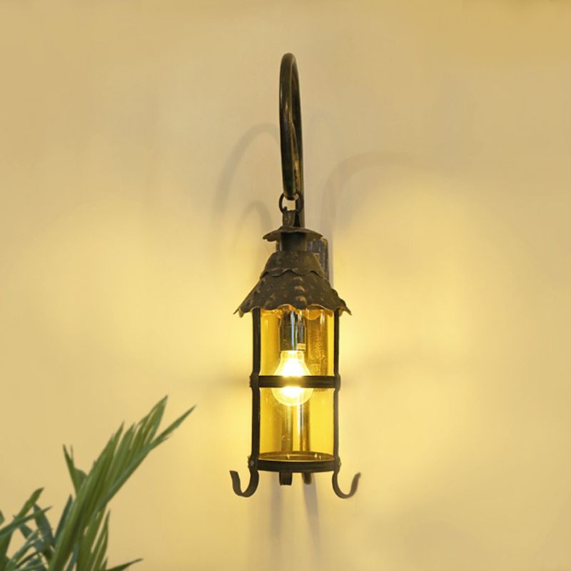 Retro Lantern Wall Mount Lighting 1 Head Metallic Wall Light Fixture with Scroll Arm in Antique Bronze