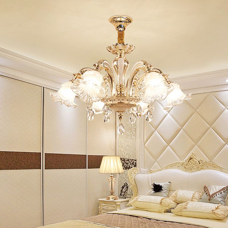 Ruffled Bell Textured Glass Chandelier Light Retro Living Room Hanging Light with Hanging Crystal in Gold