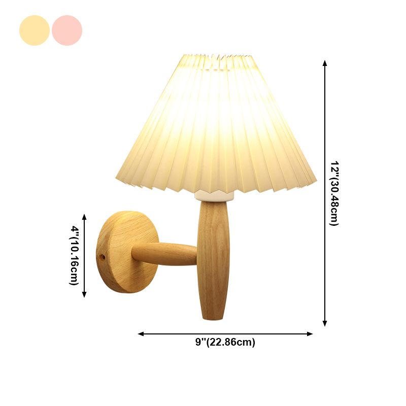 Flared Wall Mounted Light Fixture Simple Wood Bedroom Wall Sconce with Fabric Shade